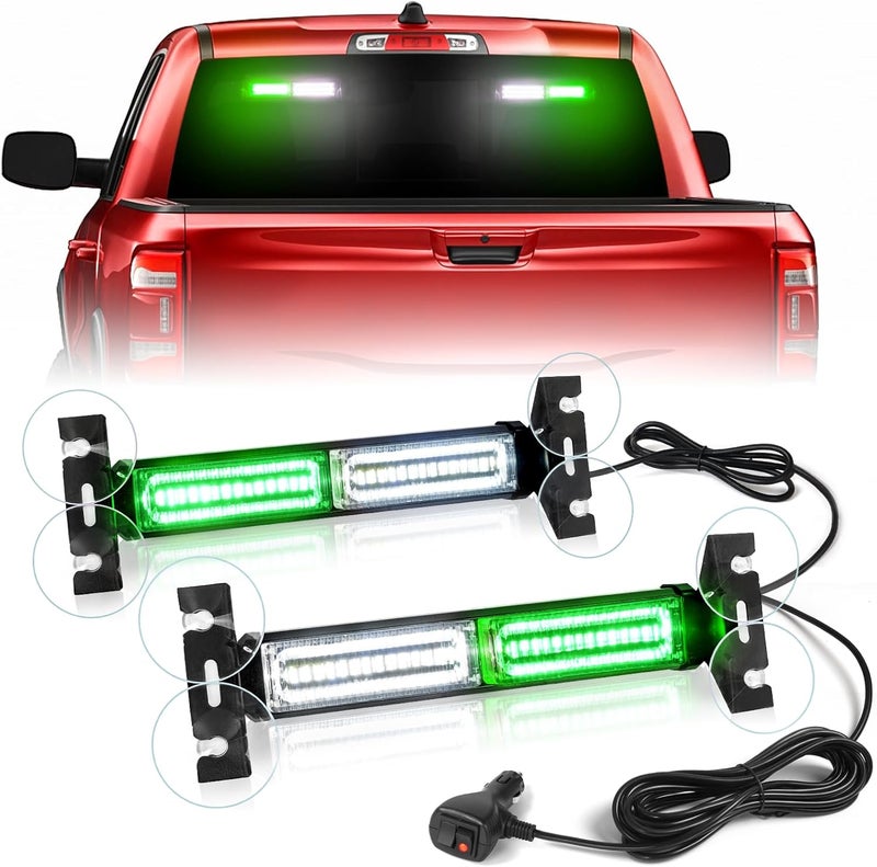 HLauto 1002L Emergency Strobe Traffic Advisor Light Bar: 40LED Dash Safety Warning Flashing Front/Rear Windshield Visor Light for Construction Vehicle, Trucks (2x10.7inch, Green White) - Image 1